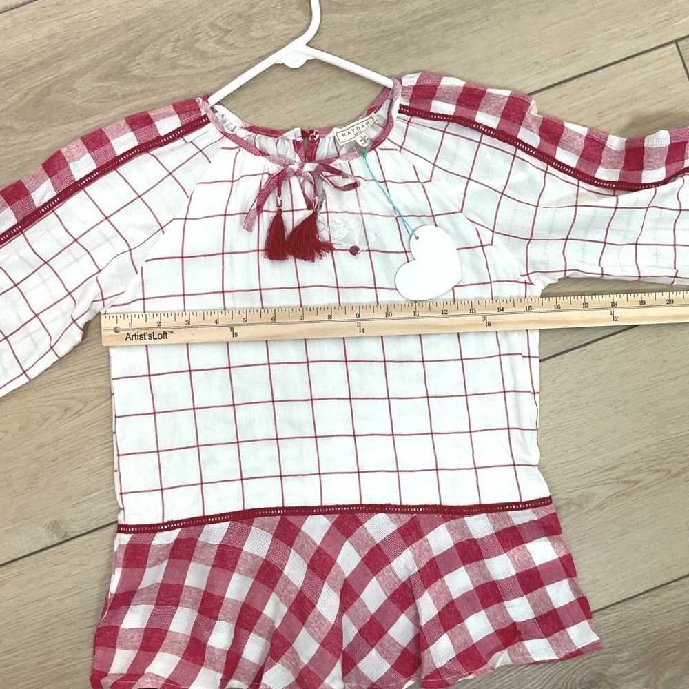 Hayden Girls Red White Plaid Checkered Tassel‎ Peplum Blouse Top Size L NWT